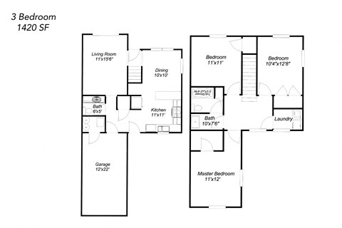 Floor plan for 3 beds, 2 baths, 1420 sqft